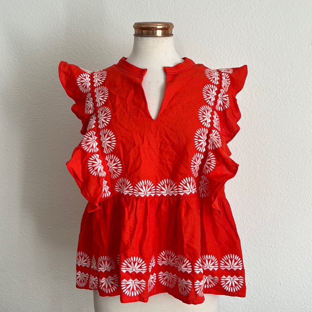 Marie Oliver Orange Embroidered Ruffle Sleeve Top
